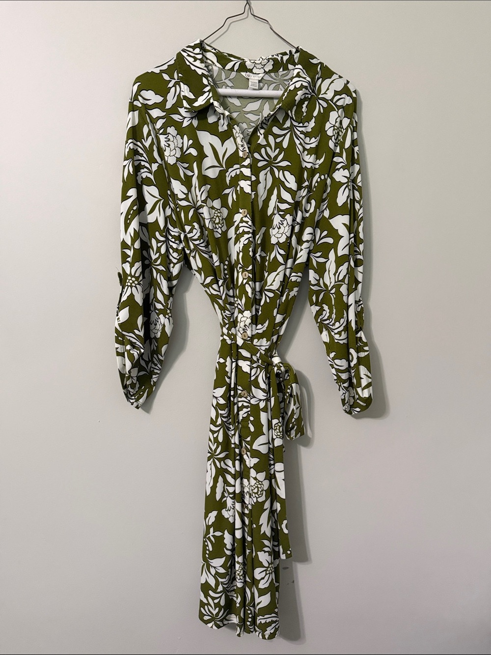 Cato Olive Green and White Floral Tie-Waist Shirt Dress